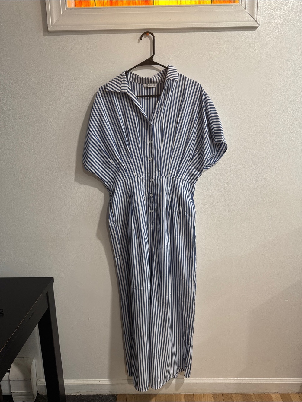 Cupshe Blue and White Vertical-Striped Maxi Jumpsuit size Large